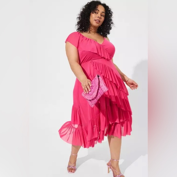 TORRID 2X Midi mesh Pink woman polyester ruffle surplice plus size midi dress - Picture 1 of 12